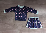 NO MOQ Preorder Samples GLD1762 Dots Navy Long Sleeves Girls Skorts Set
