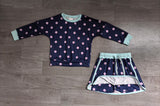 NO MOQ Preorder Samples GLD1762 Dots Navy Long Sleeves Girls Skorts Set