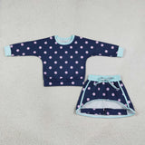 GLD1762 Dots Navy Long Sleeves Girls Skorts Set