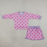 GLD1763 Dots Rose Red Long Sleeves Girls Skorts Set