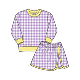 Preorder MOQ 5 pcs Each Style Solid Colorful Plaid Yoga Girls Skorts Set Kids Matching Clothes