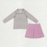 GLD1814 Floral Zipper Pullover Pink Pleated Yoga Girls Skorts Set
