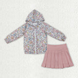 GLD1815 Floral Hoodie Zipper Pink Pleated Yoga Girls Skorts Set