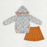 GLD1816 Fall Pumpkin Leaf Hoodie Zipper Orange Pleated Yoga Girls Skorts Set