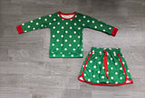 NO MOQ Preorder MOQ 5 pcs GLD1833 Christmas Dots Green Long Sleeves Girls Skorts Set