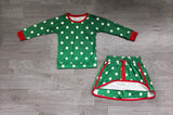NO MOQ Preorder MOQ 5 pcs GLD1833 Christmas Dots Green Long Sleeves Girls Skorts Set