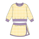Preorder MOQ 5 pcs GLD1835 Solid Color Purple Yellow Plaid Yoga Girls Skorts Set