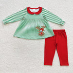 GLP0451 Embroidery Christmas Elk Deer Green Stripe Red Girl's Set