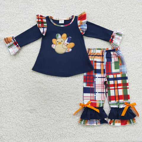 GLP0472 Embroidery Thanksgiving Turkey Blue Girl's set