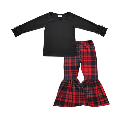 GLP0476 Christmas Black Plaid Ruffles Girl's Set