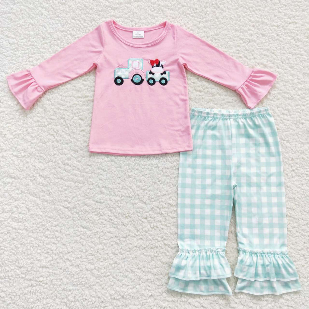 BLP0196/GLP0487/LR0377/LR0376 Embroidery Farm Cow Kids Sibling Matching Clothes