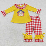 GLP0492 Embroidery Farm Chick Yellow Red Plaid Girl's set