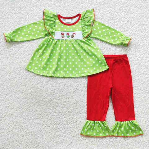 GLP0494 Embroidery Christmas Green Dots Red Girl's set