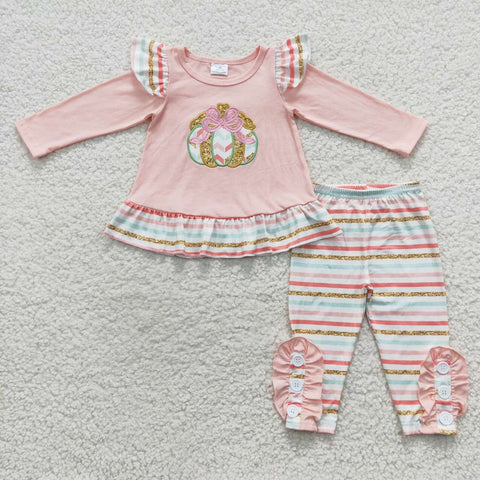 GLP0513 Embroidery Pumpkin Pink Stripe Girl's set