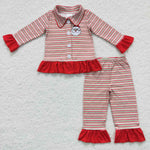 GLP0550 Embroidery Christmas Santa Red Stripe Buttons Girl's Pajamas Set