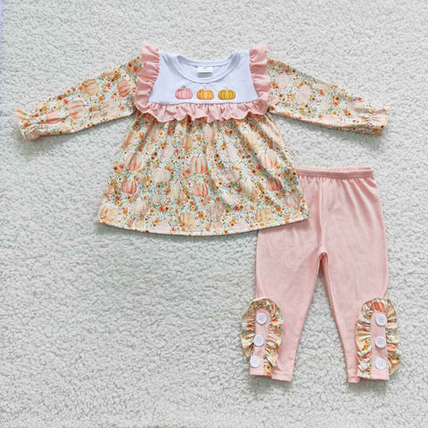 GLP0561 Embroidery Pumpkin Flower Orange Girl's set