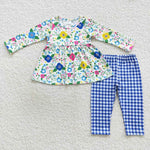 GLP0580 Flower Blue Plaid Girl's set