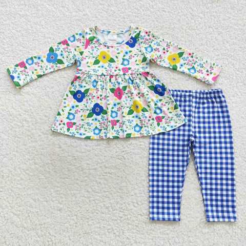 GLP0580 Flower Blue Plaid Girl's set