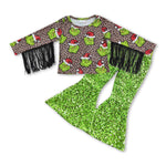 GLP0602 Christmas Leopard Tassel Green Sequin Pants 2 Pcs Girl's Set
