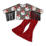 GLP0603 Christmas Santa Leopard Tassel Red Sequin Pants 2 Pcs Girl's Set