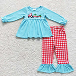 GLP0609 Embroidery Christmas Trees Blue Red Plaid Girl's Set