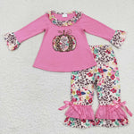 Embroidery Pumpkin Pink Flower Ruffle Kids Sibiling Matching Clothes