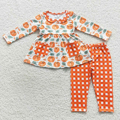 GLP0640 Pumpkin Orange Plaid Pockets Girl's Set