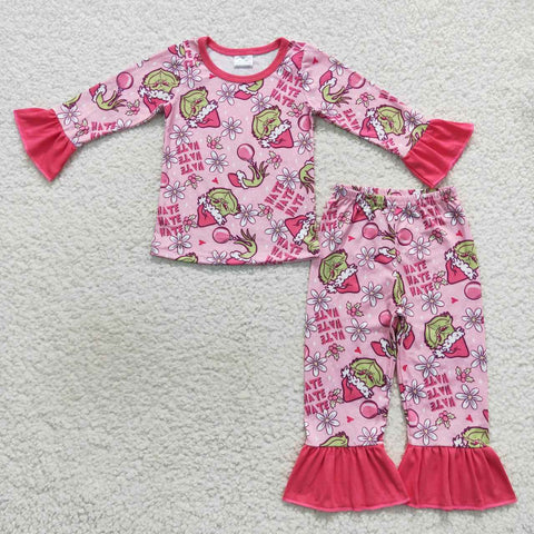 GLP0656 Christmas HATE Pink Flower Girl's Pajamas Set