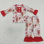 GLP0665 Cow Flower Red Girl's Pajamas Set