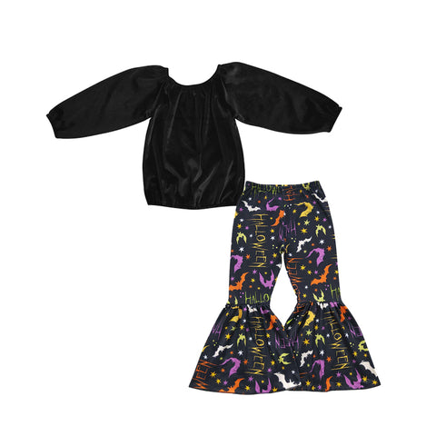 GLP0676 Halloween Bat Black Golden velvet Shirt Girl's Set