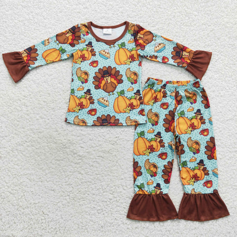 GLP0684 Turkey Pumpkin Brown Girl's Pajamas Set