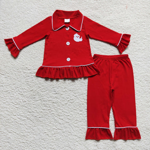 Preorder Restocking GLP0699 Embroidery Christmas Red Santa Girl's Pajamas Set