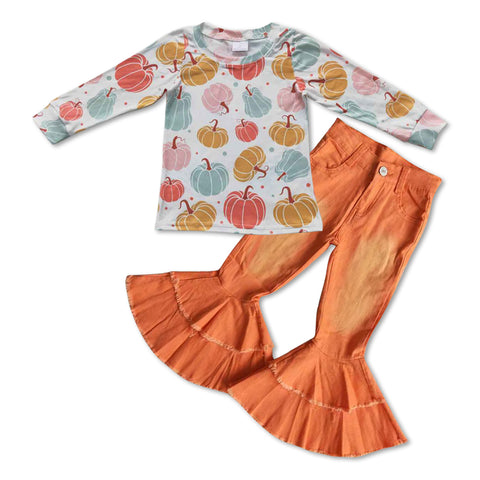 GLP0704 Pumpkin Orange Jeans 2 Pcs Girl's Set