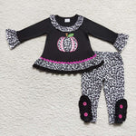 GLP0717 Embroidery Pumpkin Leopard Black Girl's Set