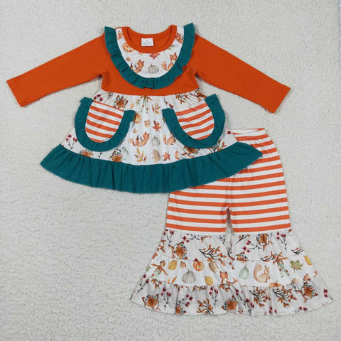 GLP0743 Boutique Fall Orange Pumpkin Ruffle Pockets Girl's Set