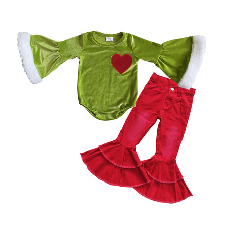 GLP0766 Christmas Velvet Love Red Jeans Baby Girl's Set