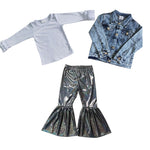 GLP0768 Boutique Denim Jacket White Shirt Satin Pants 3 Pcs Girl's Set