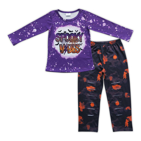 GLP0787 SPOOKY VIBES Bat Tie Dry ripped pants Girl's Set