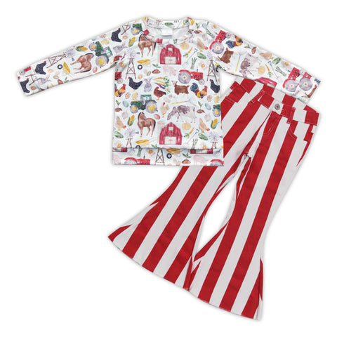 GLP0789 Farm Red Stripe Jeans 2 Pcs Girl's Set