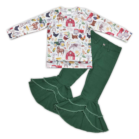 GLP0791 Boutique Farm Green Stripe Jeans 2 Pcs Girl's Set