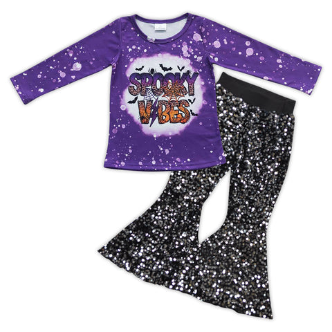 GLP0800 SPOOKY VIBES Bat Black Sequin Girl's Set