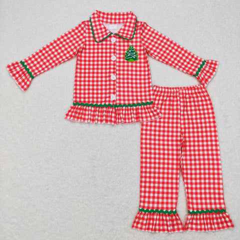 GLP0854 Embroidery Christmas Tree Red Plaid Girl Pajamas Set