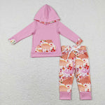 GLP0865 Dinosaur Flower Pink Hoodie 2 Pcs Girls Set