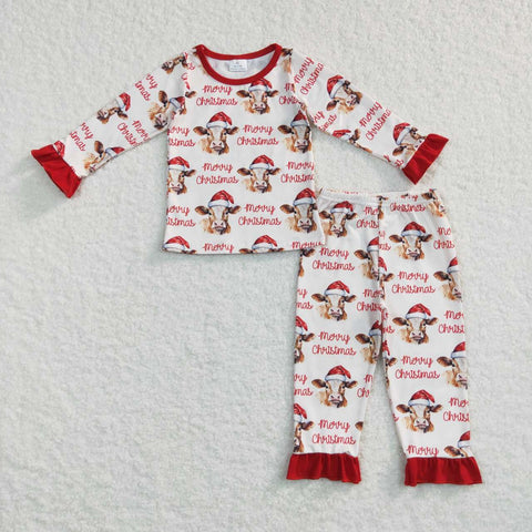 GLP0866 Merry Christmas Cow Red Girl Pajamas Set