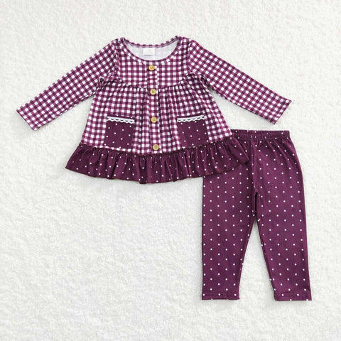 GLP0886 Fall Dots Plaid Buttons Pockets Girl's Set