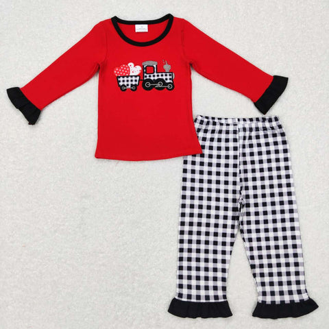 GLP0909 Embroidery Red Lace Truck Black Plain Pants 2 Pcs Girl's Set