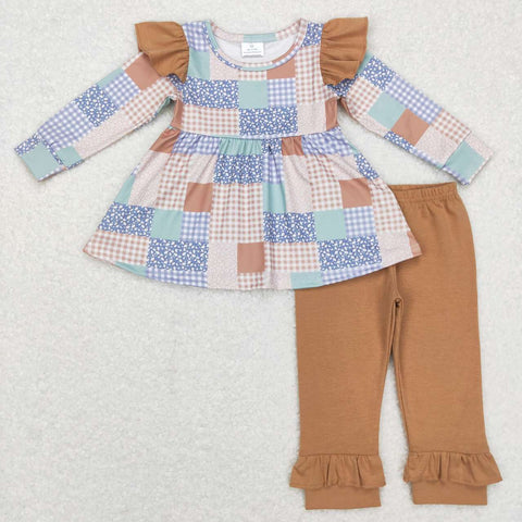 GLP0910 Blue Plain Brown Long Pants 2 Pcs Girl's Set