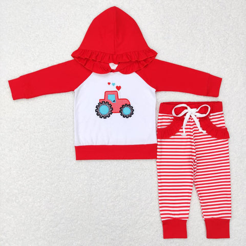 GLP0913 Embroidery Red Truck Lace Strips Hoodie 2 Pcs Girl's Set