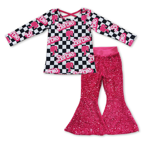 GLP0922 Barbie Plaid HotPink Sequin Girl's Set