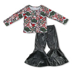 GLP0933 Christmas Flower Black Leather Flared Pants 2 Pcs Girl's Set